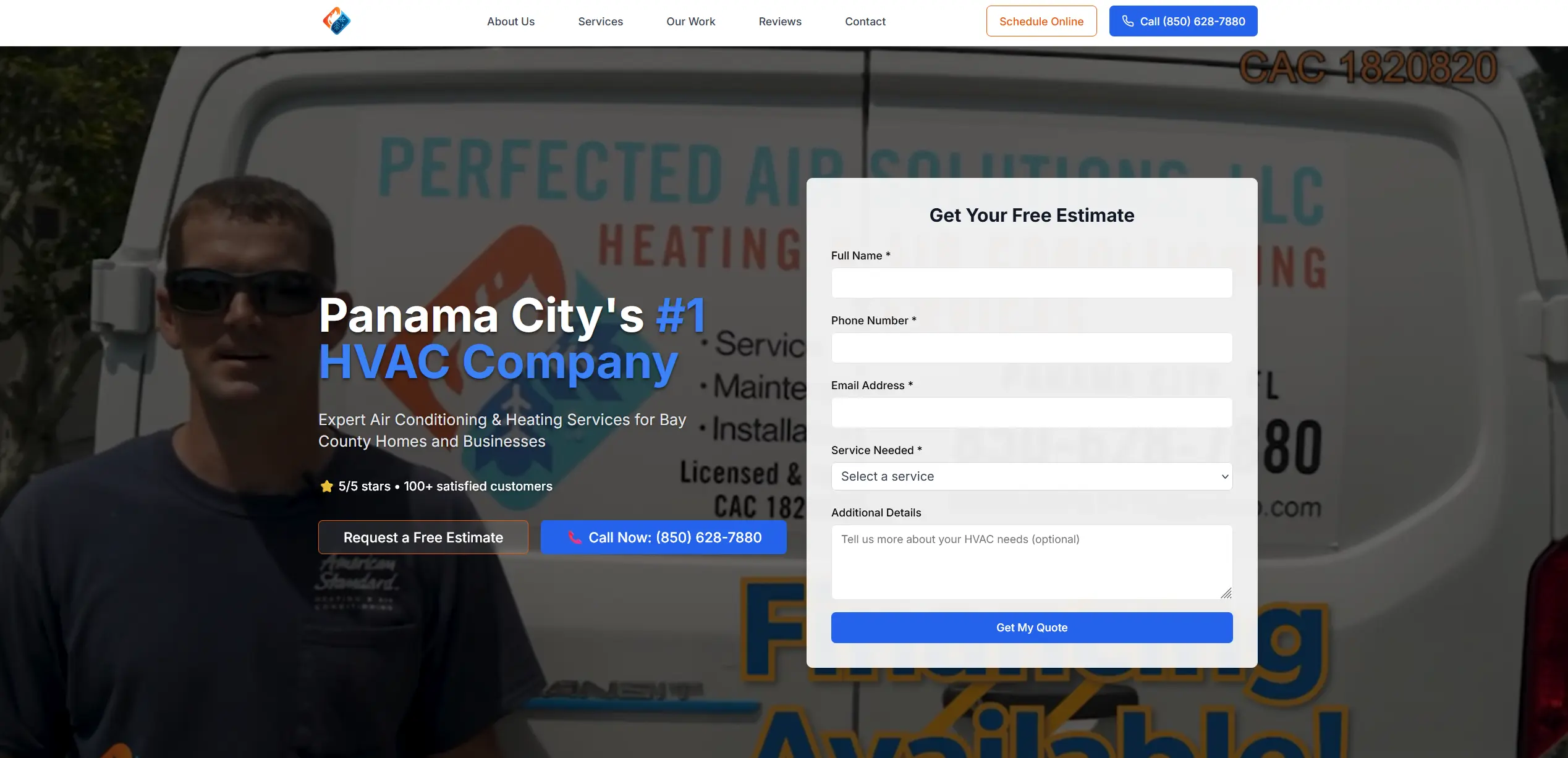 Perfected Air Solutions LLC — HVAC Company website designed and built by Velasco Web Studio